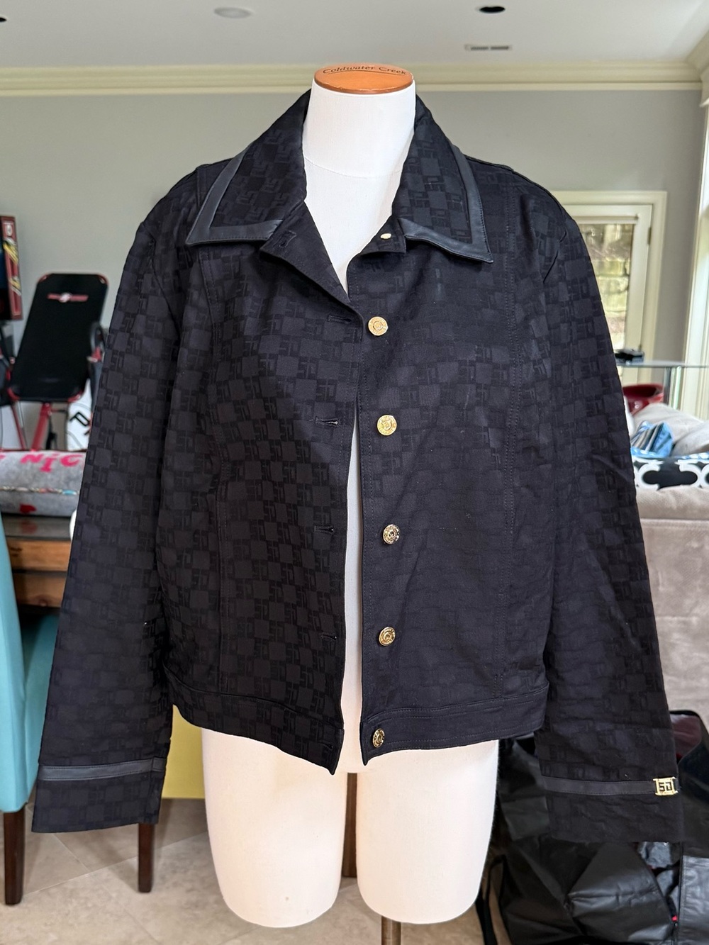 Vintage St. John Sport Black Jacquard Textured Jacket with Subtle Check